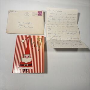 1950s Santa Christmas Card Red Stripes “Hi!” w/ Envelope & Handwritten Letter